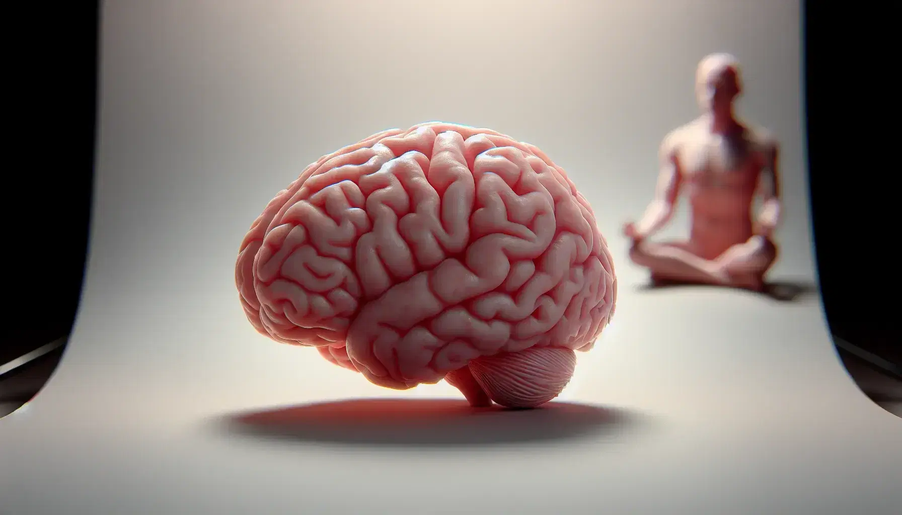 Cerebro humano en tonos rosados y rojizos con textura arrugada sobre fondo neutro y figura en meditación con ropa clara al fondo.