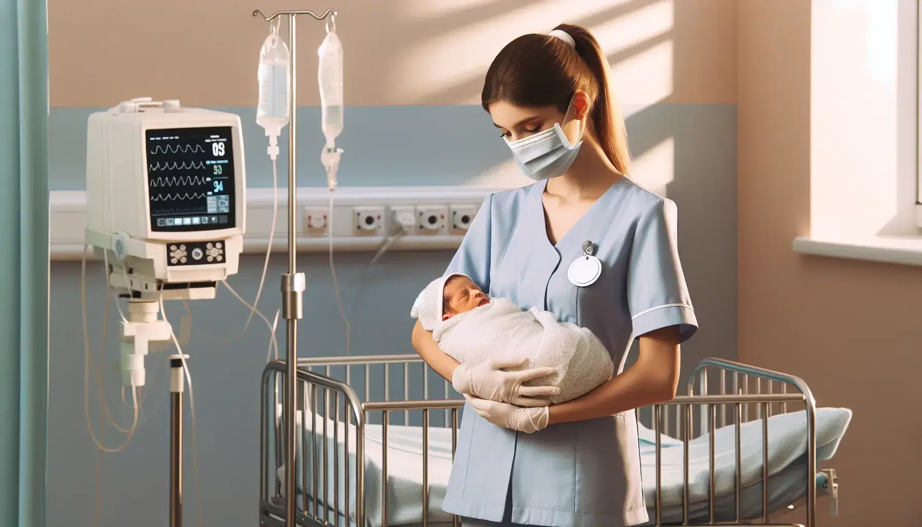 Enfermera en uniforme azul claro sostiene a recién nacido dormido envuelto en manta blanca, en habitación hospitalaria con cuna y monitor de signos vitales.