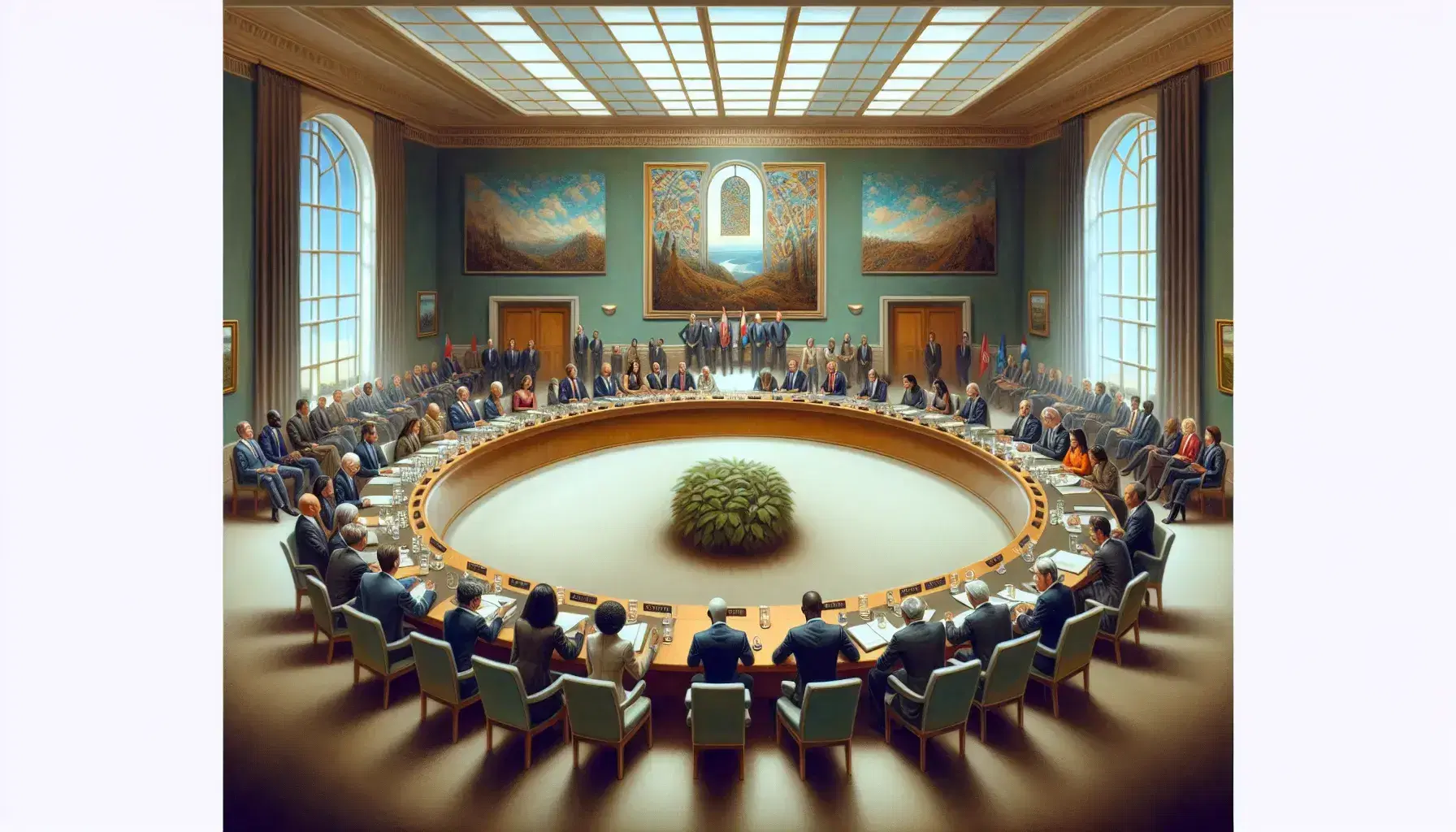 Diverse group of professionals in a high-ceiling conference room with abstract art, engaged in a multinational meeting with microphones on table.