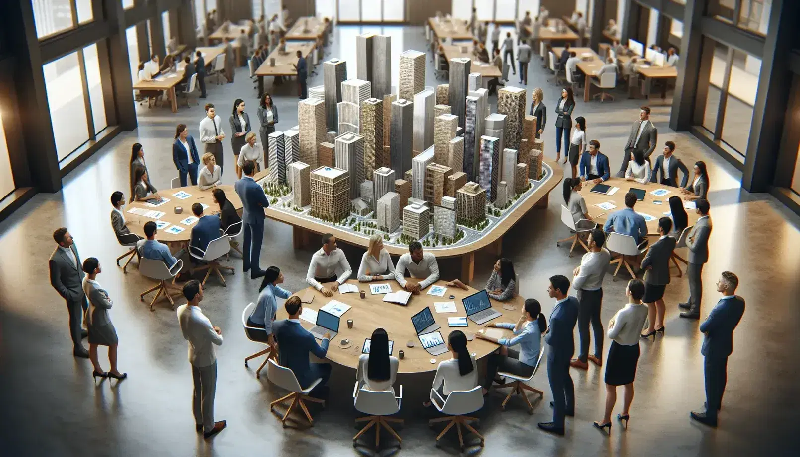 Diverse team of professionals collaborates around an oval table with a city model, laptops, and tablets in a bright, plant-adorned office.