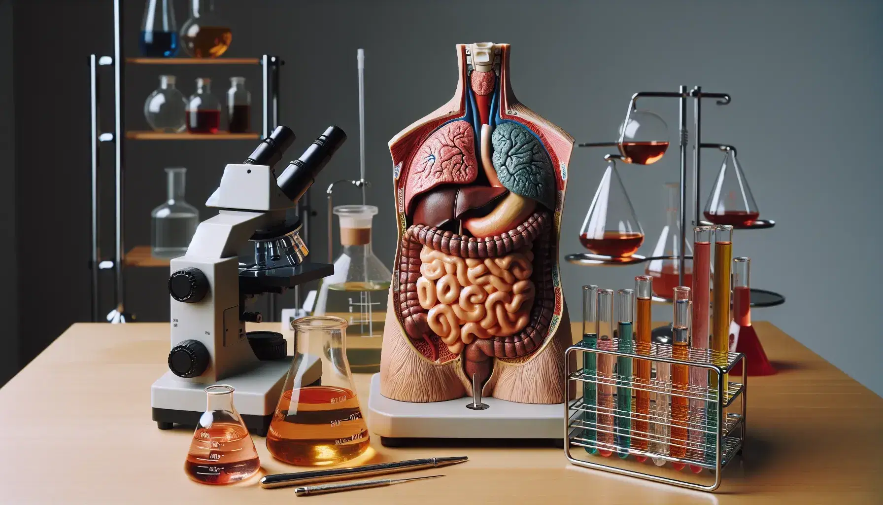 Modelo anatómico del sistema digestivo humano con microscopio y tubos de ensayo en un laboratorio de biología, mostrando detalles de órganos y equipo de investigación.