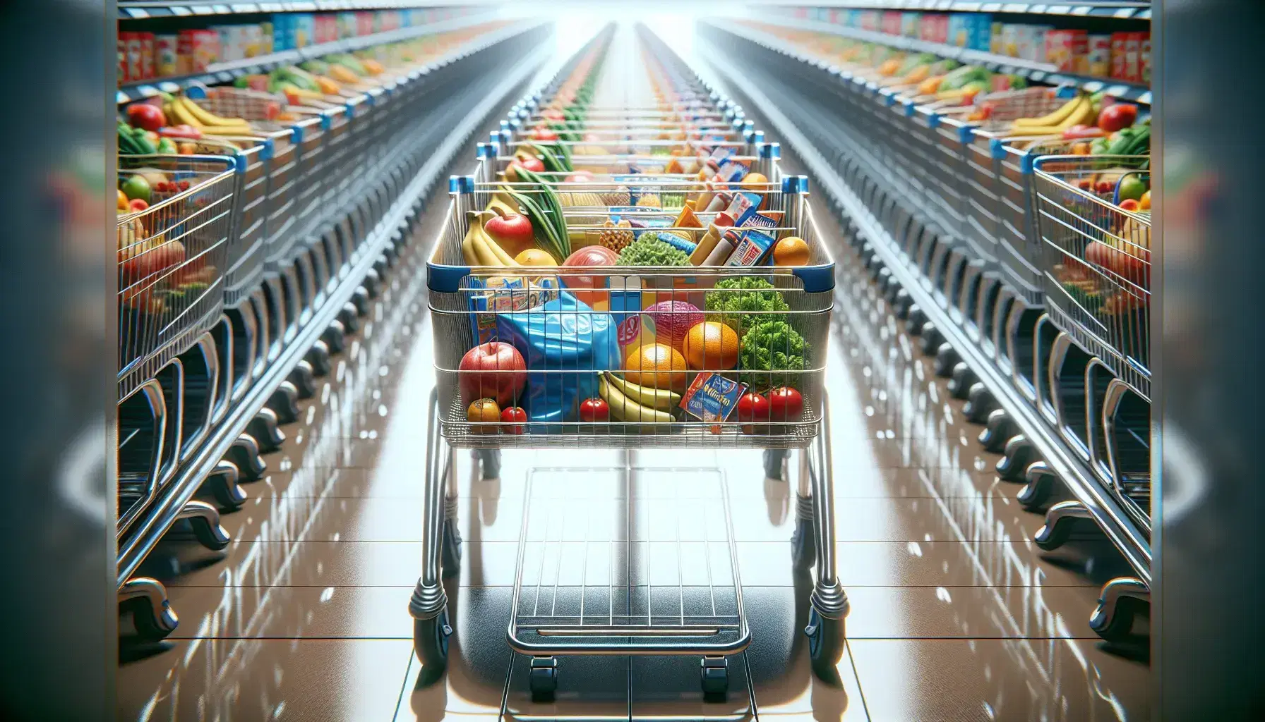 Carrelli della spesa allineati con frutta, verdura e prodotti confezionati in un supermercato illuminato, su pavimento piastrellato beige.