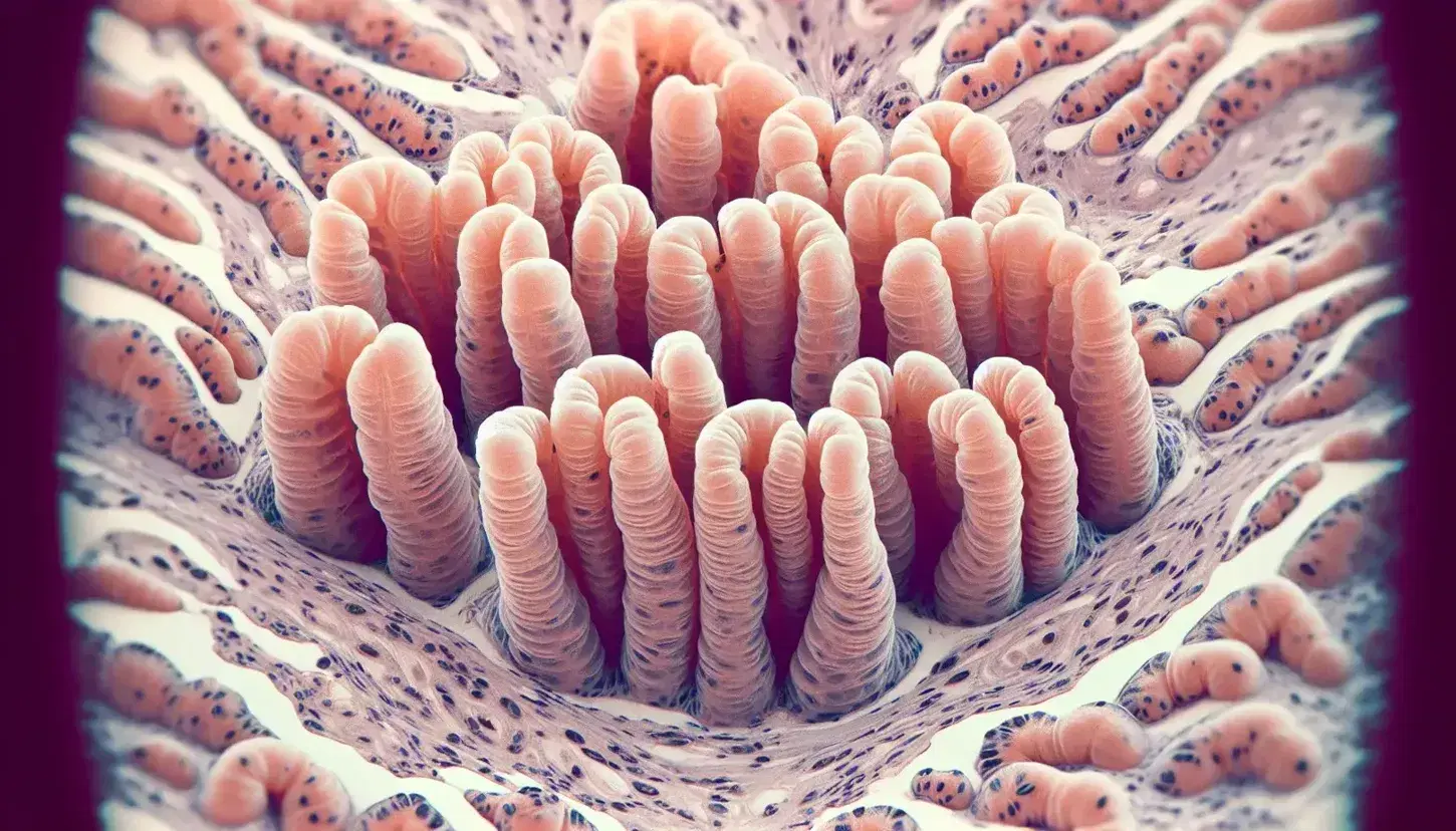 Vista microscópica de tejido del intestino delgado con múltiples vellosidades intestinales y criptas visibles, en tonos rosados y textura irregular.