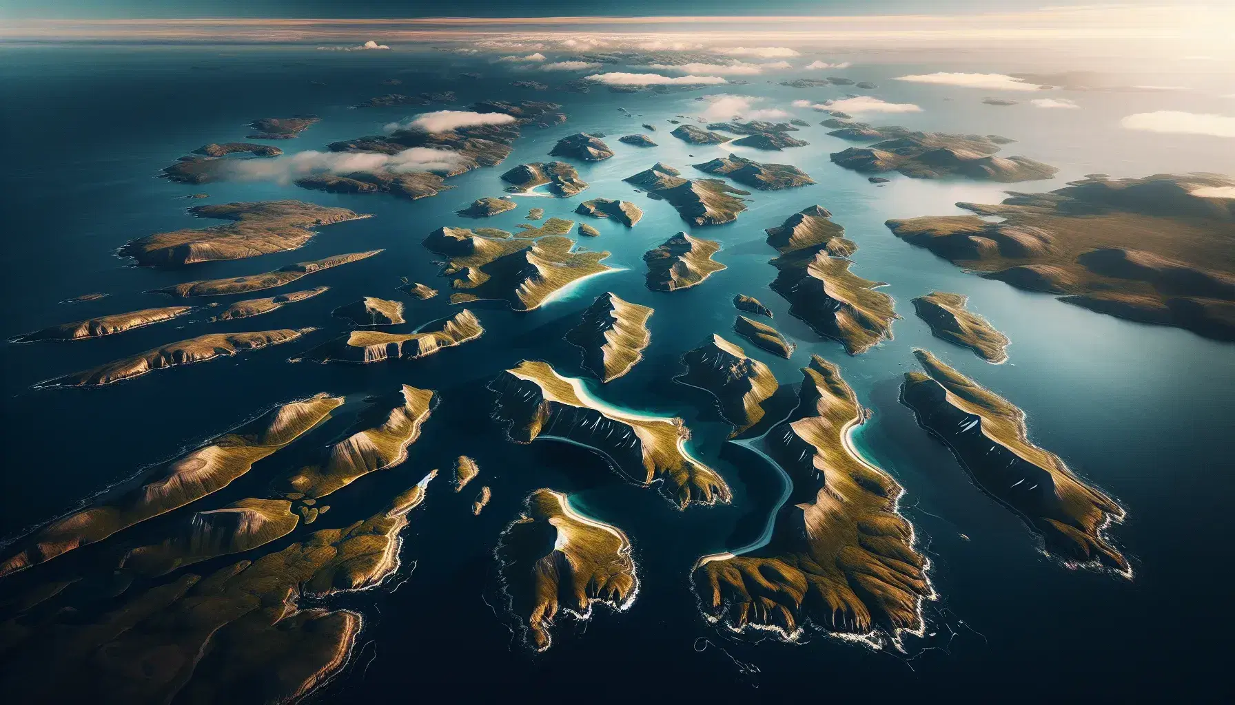 Vista aerea delle Isole Falkland con coste frastagliate, vegetazione verde e spiagge sabbiose, circondate dal blu intenso dell'oceano.