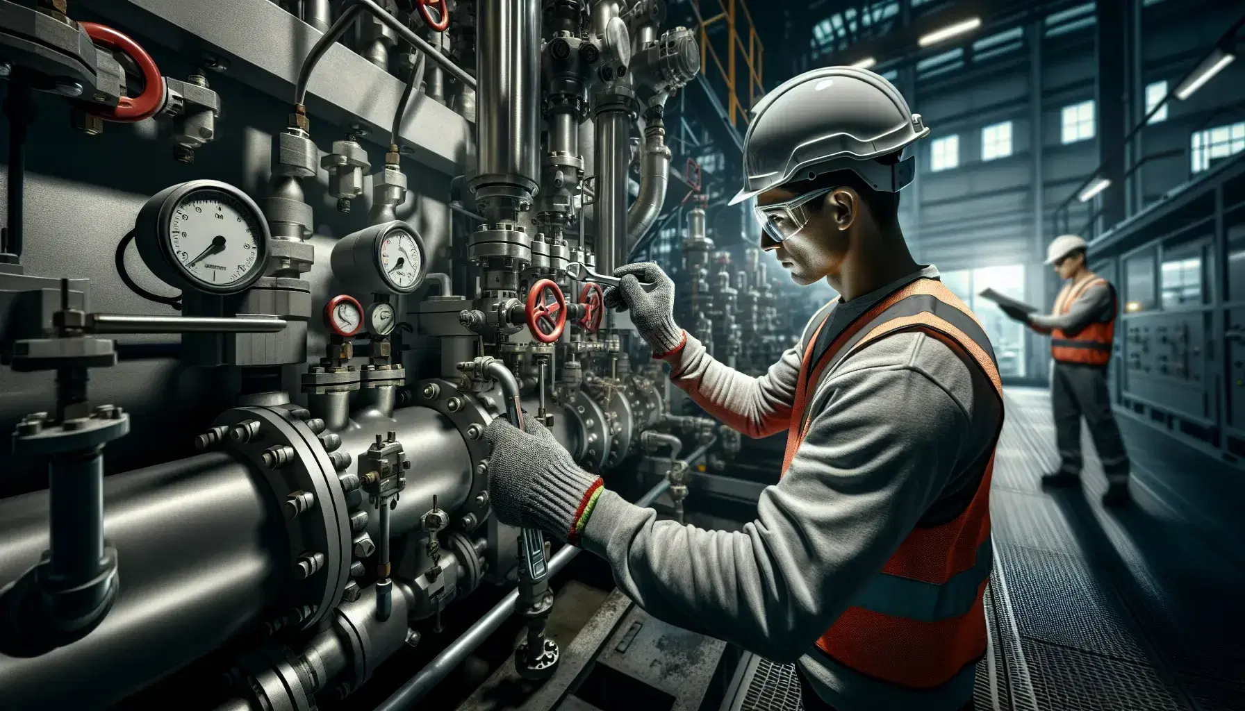 Trabajador con casco y gafas de seguridad ajustando maquinaria industrial con llave inglesa, compañero revisa panel de control en fondo.
