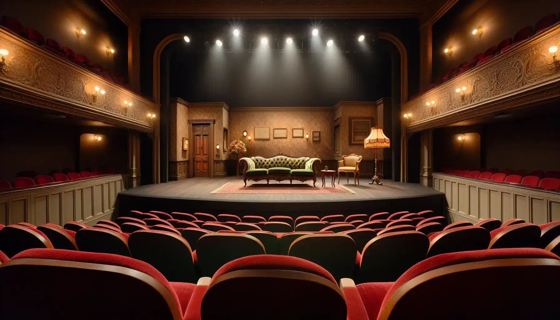 Escenario de teatro vacío con asientos de terciopelo rojo, iluminado por focos y decorado con sofá victoriano, mesa redonda y puerta de madera.