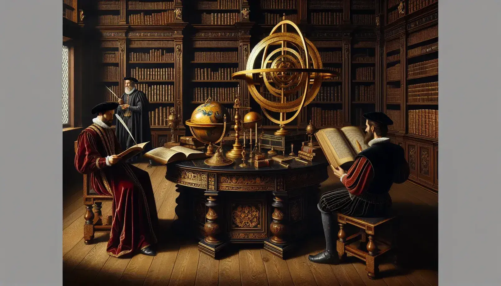 Biblioteca rinascimentale con uomo seduto che legge e uomo in piedi che studia un globo, tavolo con strumenti astronomici.