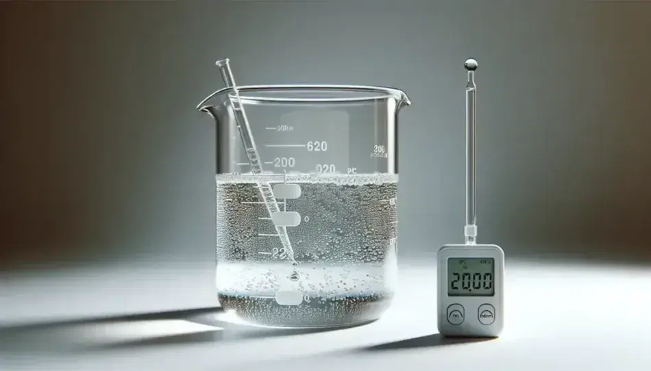 Glass beaker with colorless liquid and immersed pH meter, pipette releases water drop, neutral gray background, soft reflections.