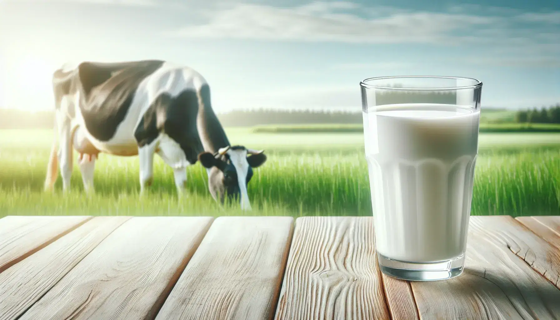 Bicchiere trasparente pieno di latte fresco su tavolo in legno chiaro con mucca al pascolo sullo sfondo in un campo verde.
