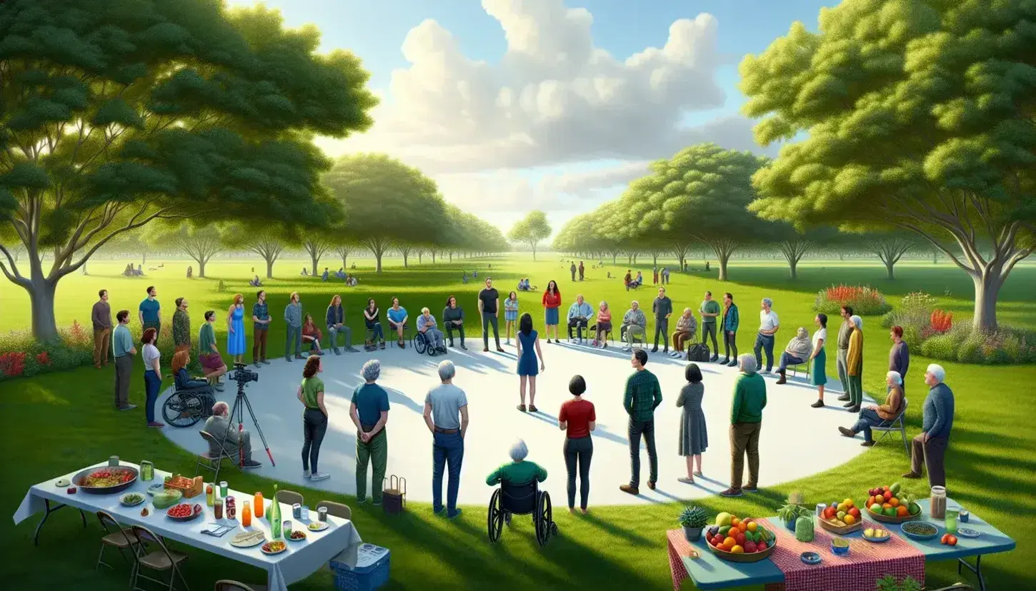 Grupo diverso de personas en reunión al aire libre en un parque, con una persona liderando la conversación, mesa con frutas al fondo y un participante en silla de ruedas.