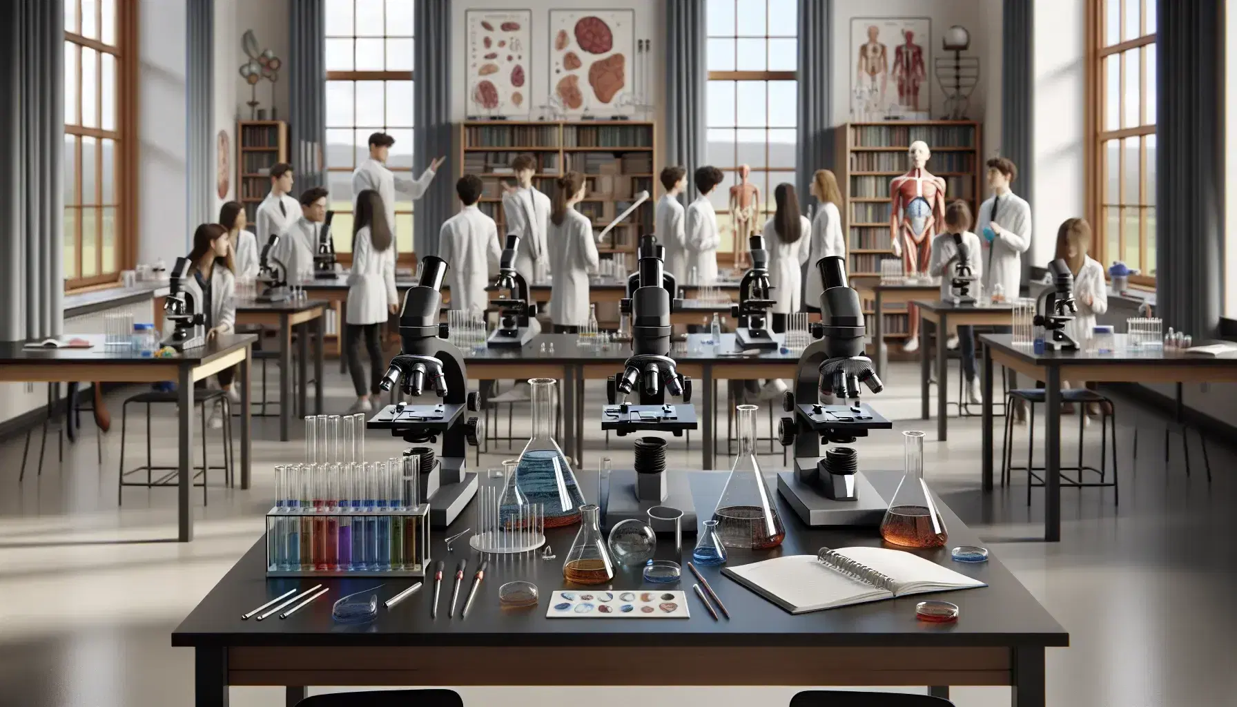 Estudiantes en laboratorio de ciencias trabajando con microscopios ópticos y experimentando con líquidos de colores en beakers, rodeados de modelos anatómicos y estantes con libros.