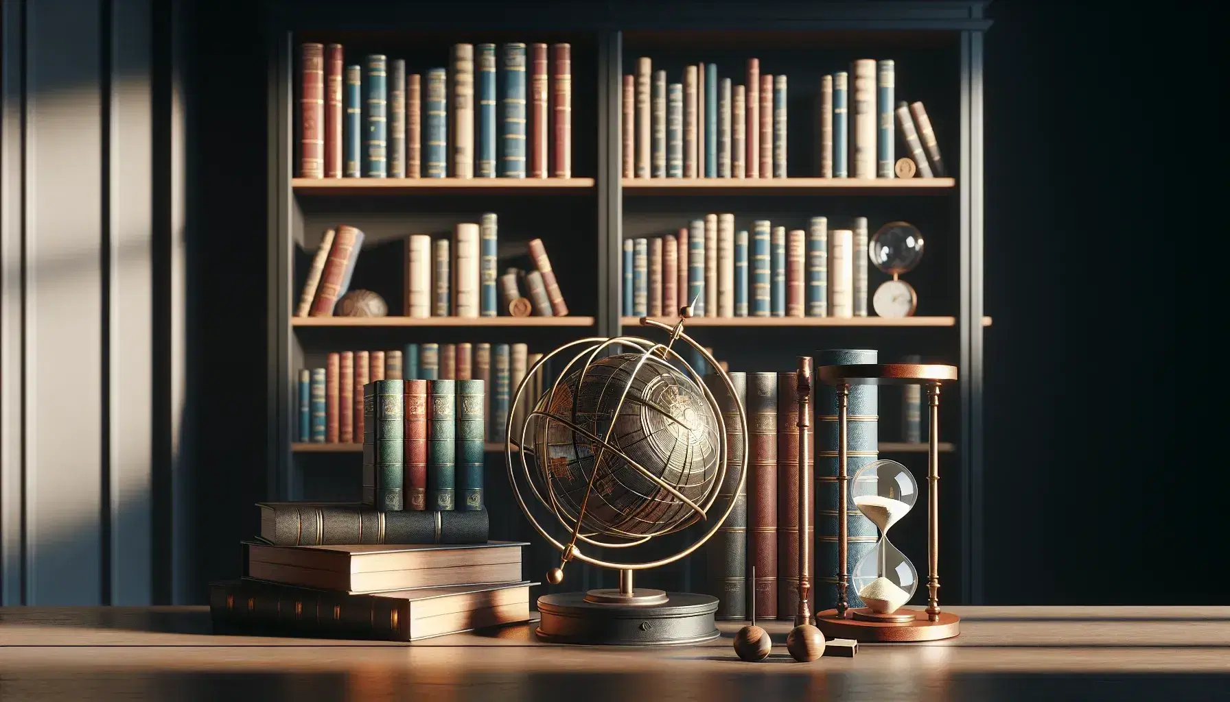 Estantería de madera oscura repleta de libros de diversos tamaños y colores con esfera armilar metálica y reloj de arena en mesa de madera clara.