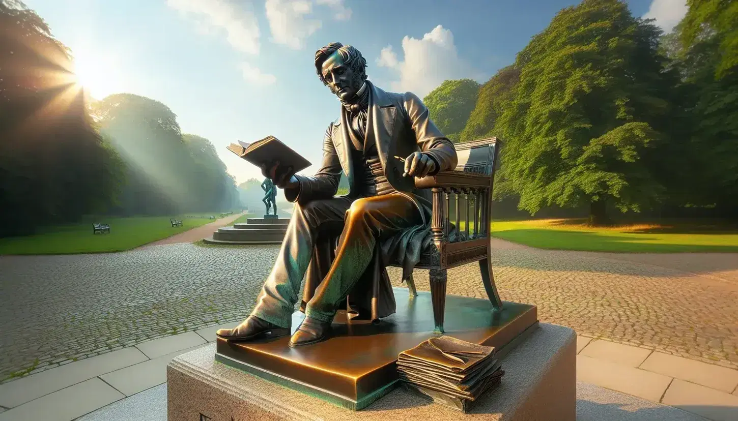 Estatua de bronce de hombre sentado con piernas cruzadas, sosteniendo un libro y apoyando la otra mano en papel, en un entorno al aire libre con árboles y cielo azul.