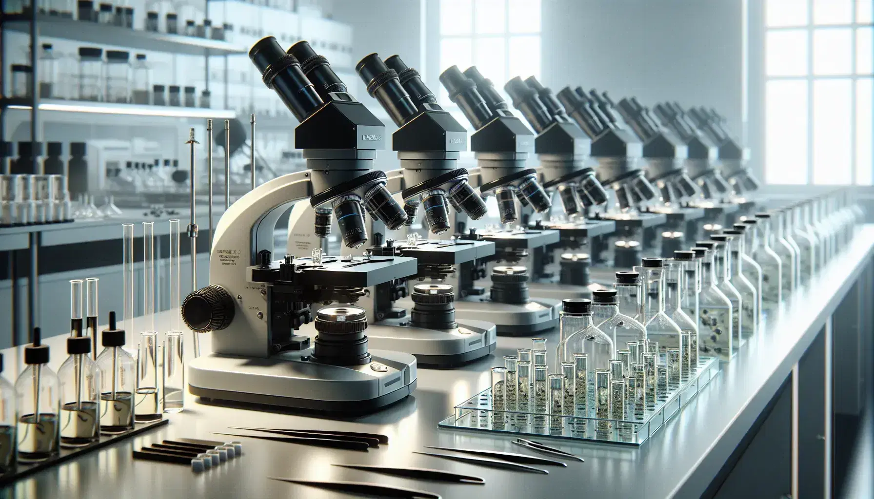 Microscopi ottici allineati su tavolo da laboratorio con vetrini, pinzette, pipette e provette, in ambiente professionale e illuminato.