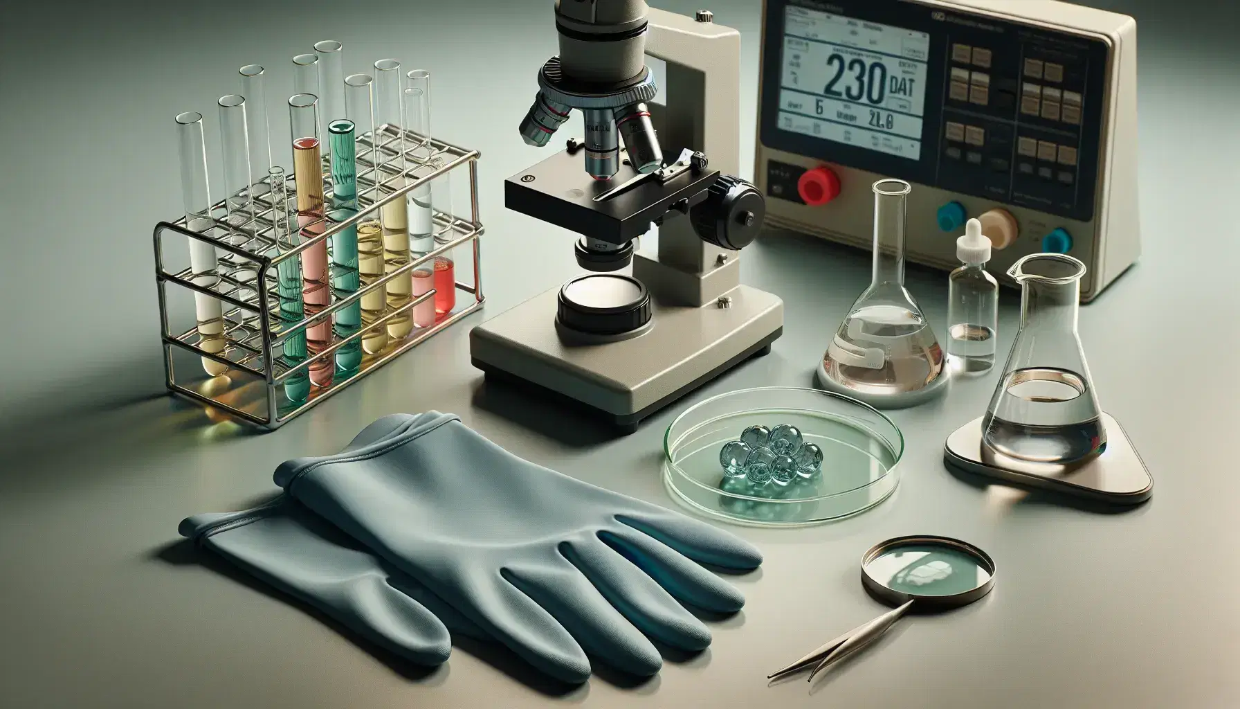 Mesa de laboratorio con guantes de seguridad, microscopio examinando muestra cristalina, tubos de ensayo con líquidos de colores y balanza analítica digital.