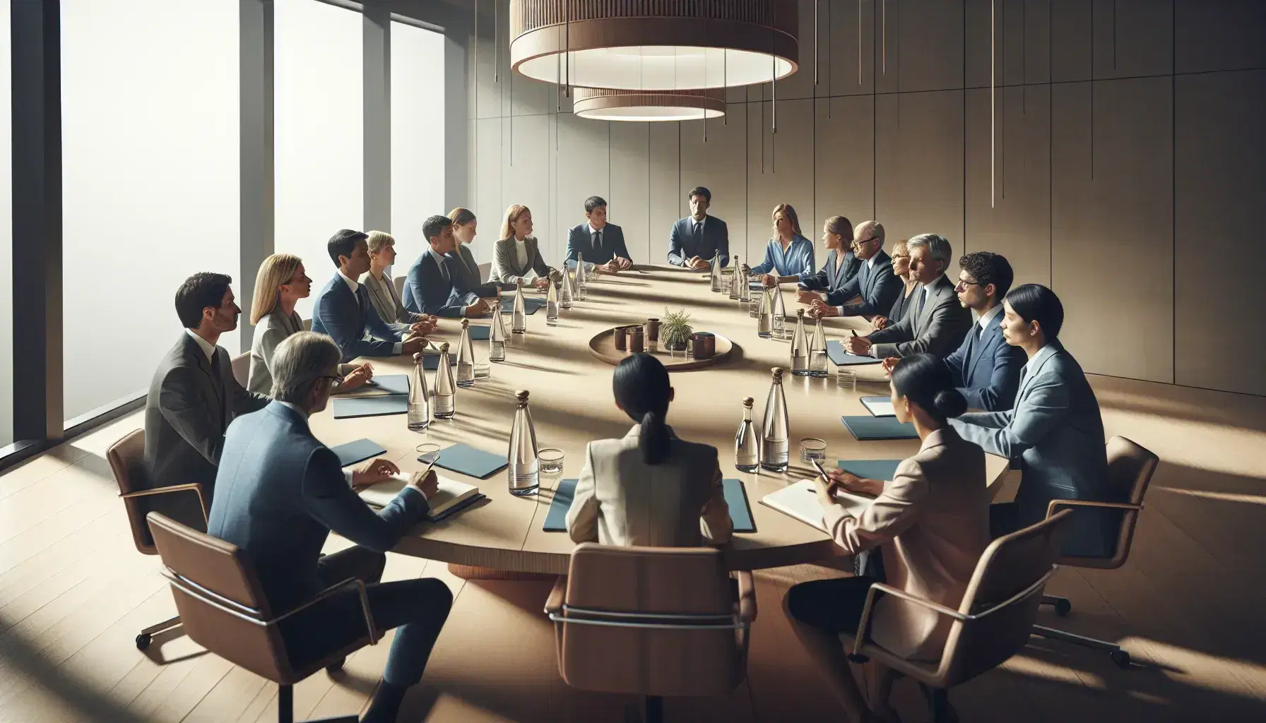 Diverse professionals in a meeting around an oval table with water bottles, engaged in discussion in a bright, modern conference room.