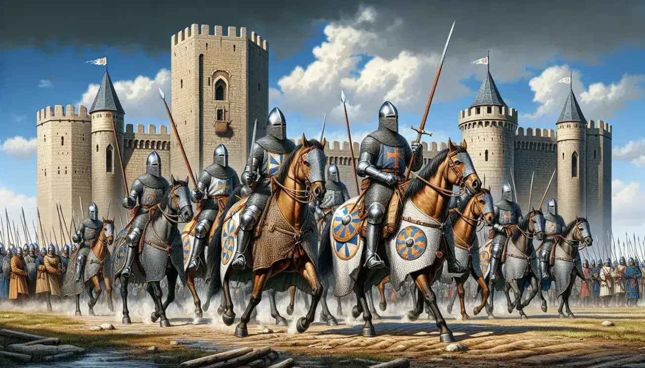 Crusaders on horseback clad in chainmail armor with lances and shields advance towards a medieval city, with infantry and spears on a trampled field under a blue sky.