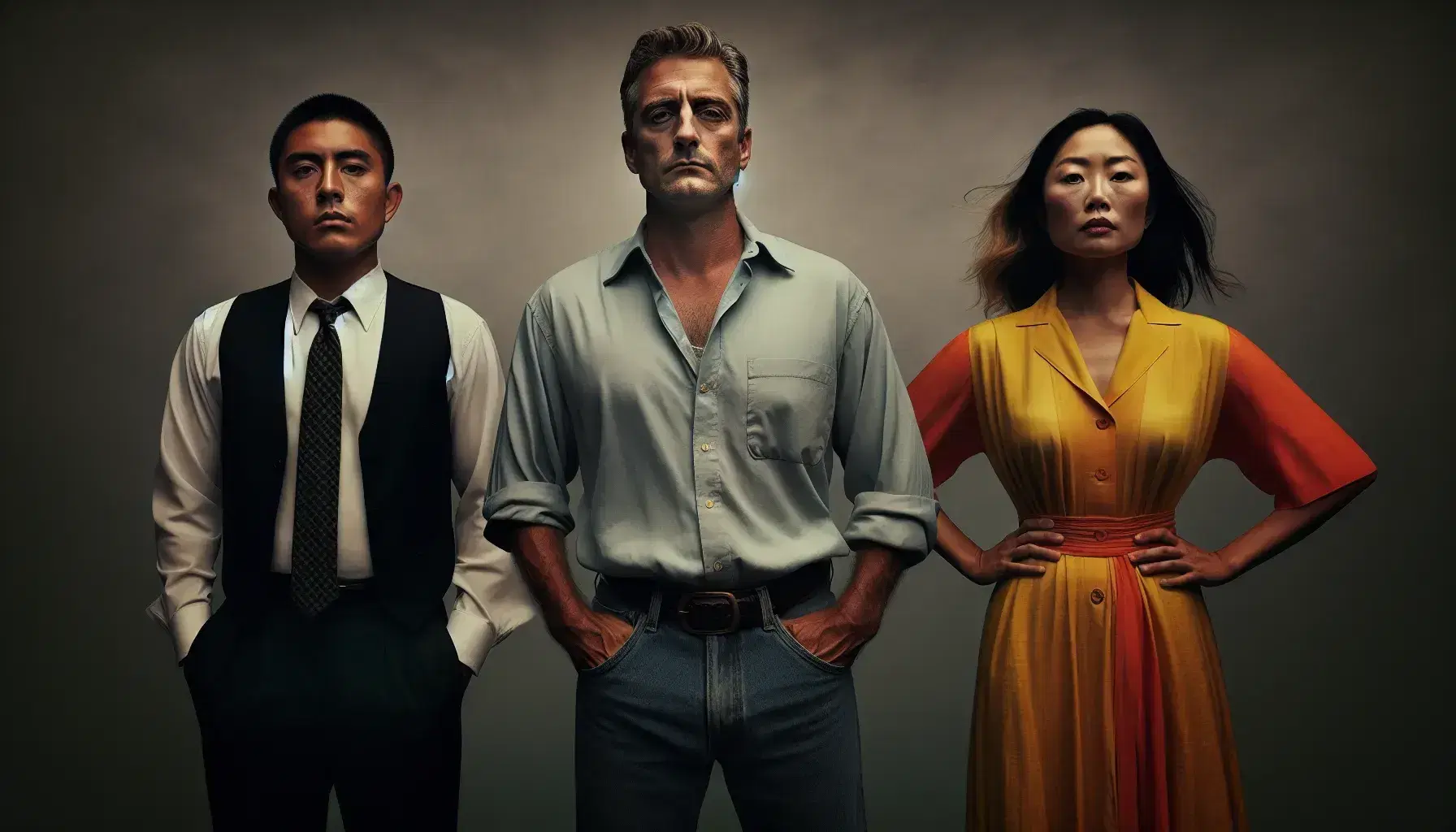 Three diverse individuals embodying societal roles: a professional Hispanic person, a stern middle-aged Caucasian man, and an empowered Asian woman, against a plain backdrop.
