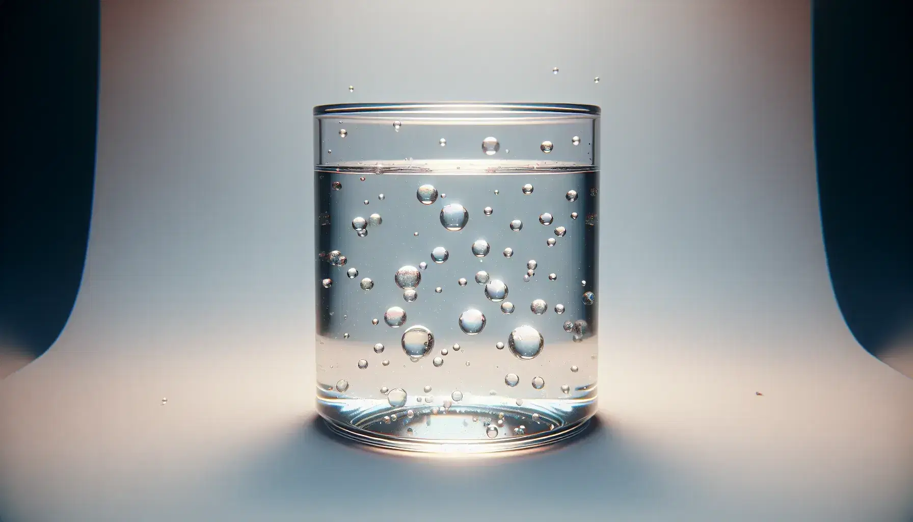 Glass container with colorless liquid and suspended iridescent oil drops, on smooth surface with blurred background.
