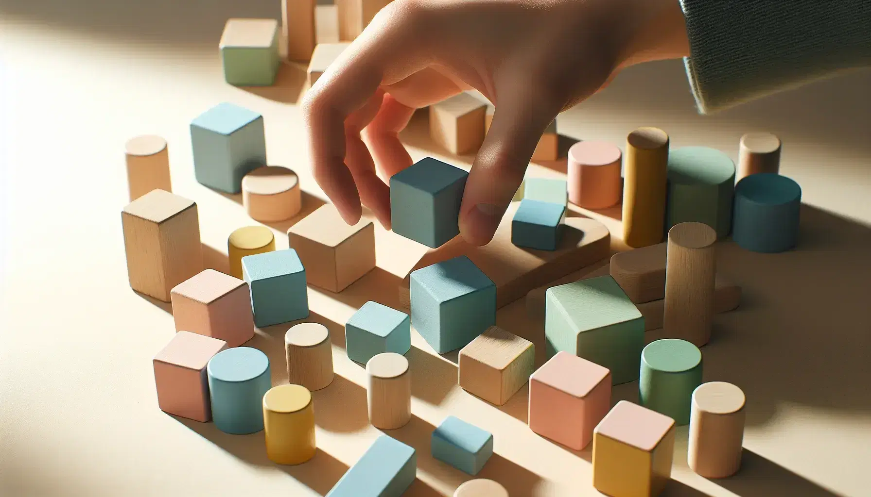 Bloques de madera de formas geométricas y colores pastel con una mano colocando un cilindro azul, iluminados por luz natural.
