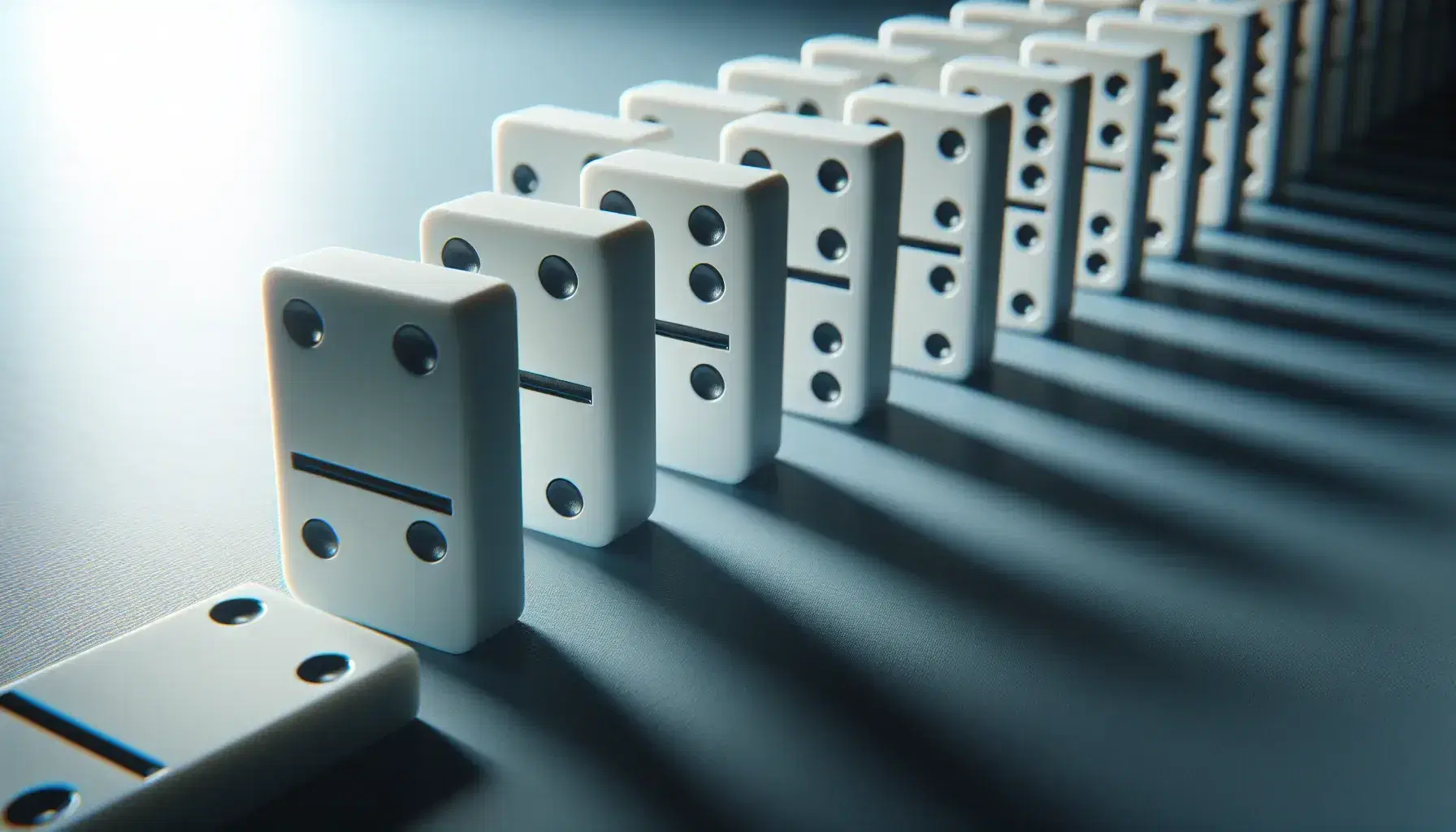 White dominoes in a line on a matte surface with soft shadows, creating a perspective of progression and continuity against a pale gradient background.