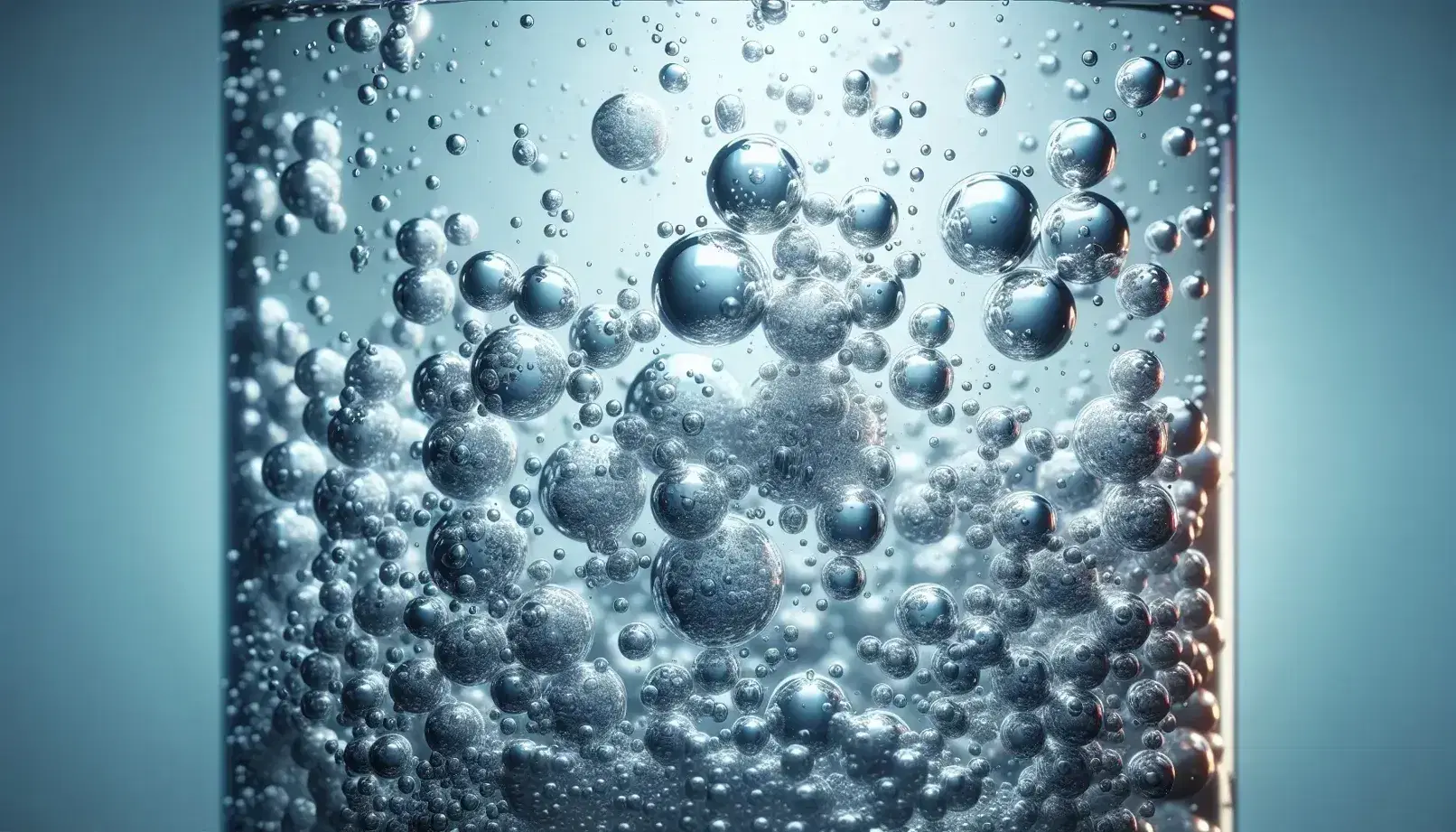 Burbujas de aire de diferentes tamaños atrapadas en líquido transparente con reflejos de luz y fondo azul claro.