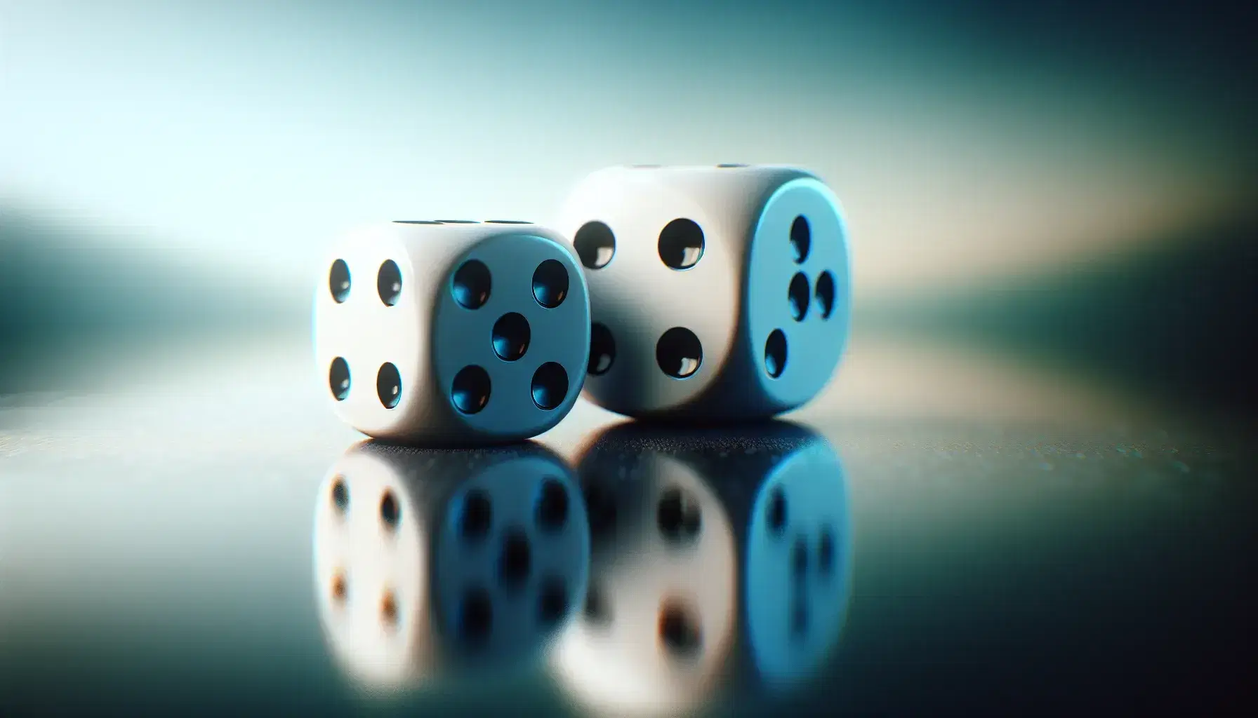 Two white dice with rounded corners and black dots on reflective surface, blue-green gradient background, light from left.