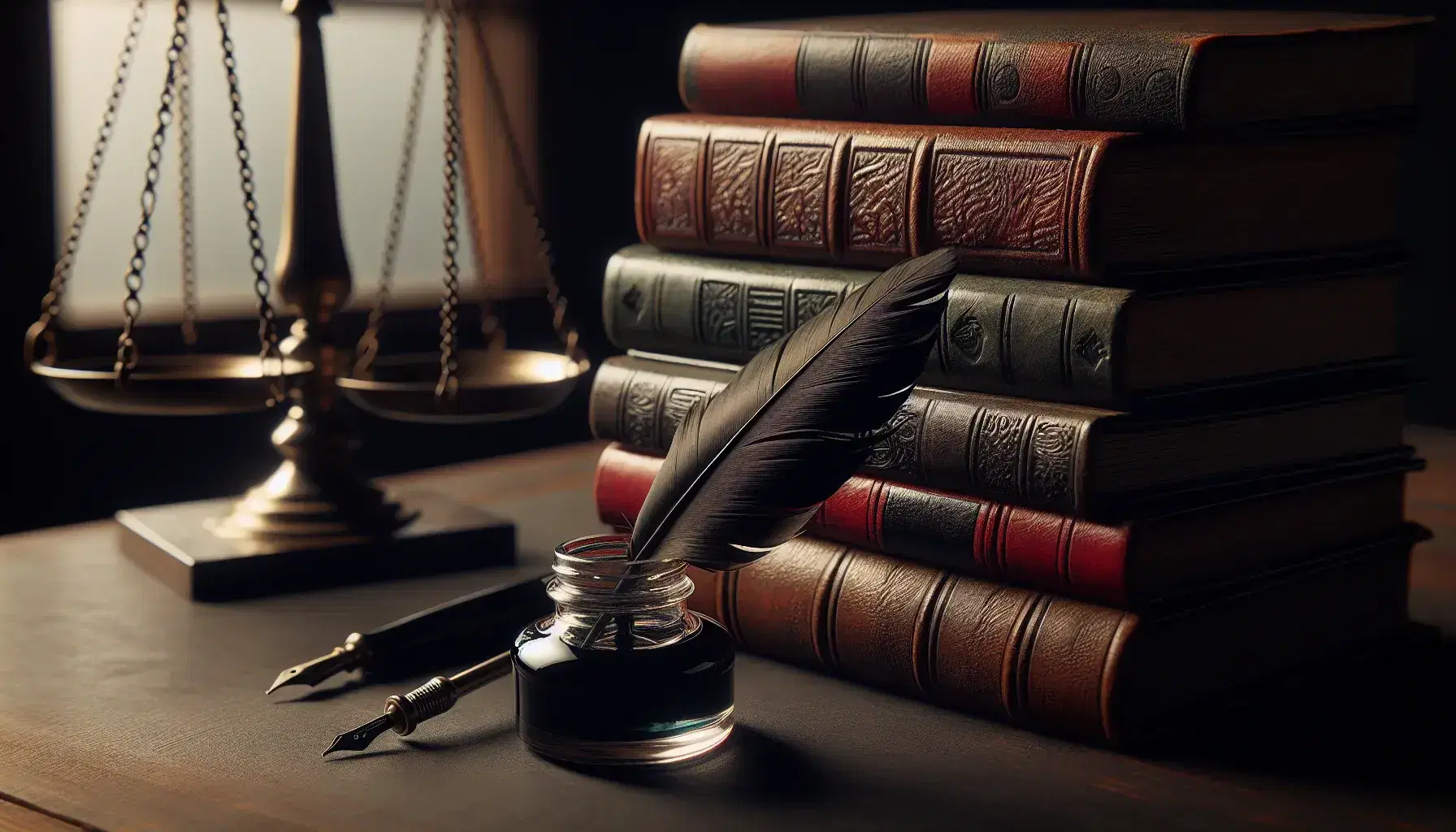 Pila de libros antiguos con tapas de cuero sobre mesa de madera oscura, pluma negra en tintero de cristal y balanza de justicia en el fondo.