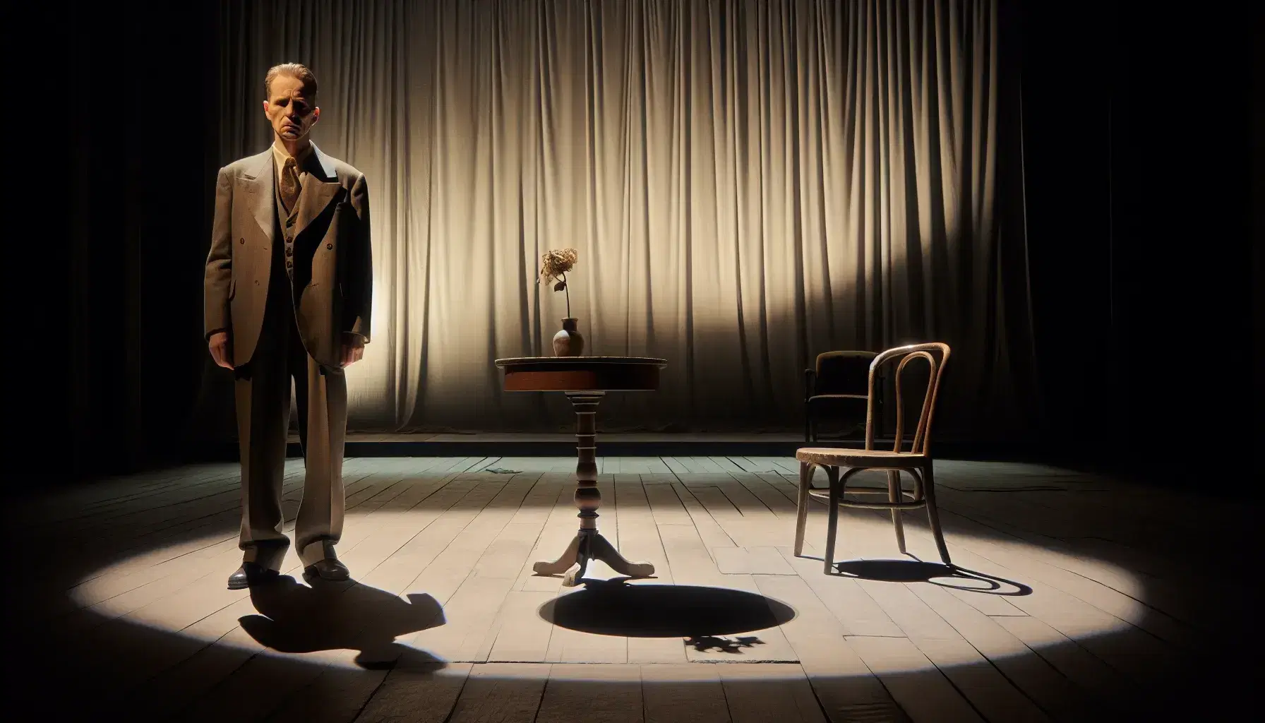 Solitary man in oversized suit contemplates on dimly lit stage with single chair, round table, and wilted flower, exuding an aura of isolation.