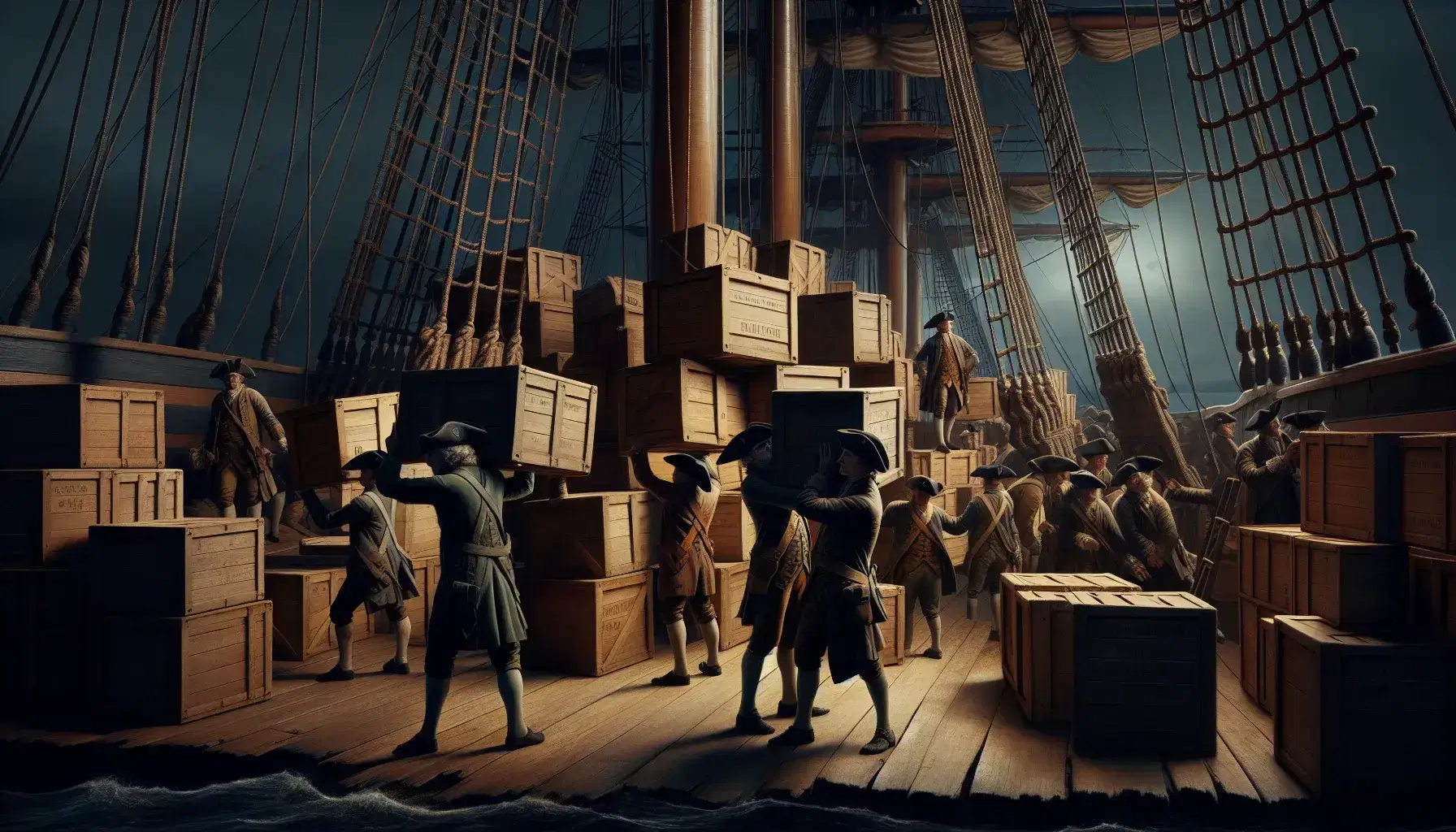 Colonial-era sailors hoist heavy crates on a ship deck at night, illuminated by lanterns, with masts and calm sea in the background.