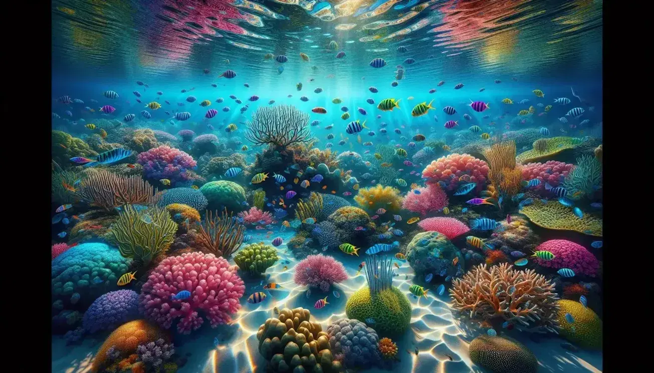 Escena submarina en arrecife de coral con corales coloridos y peces tropicales entre luz solar filtrada y plantas marinas sobre arena blanca.