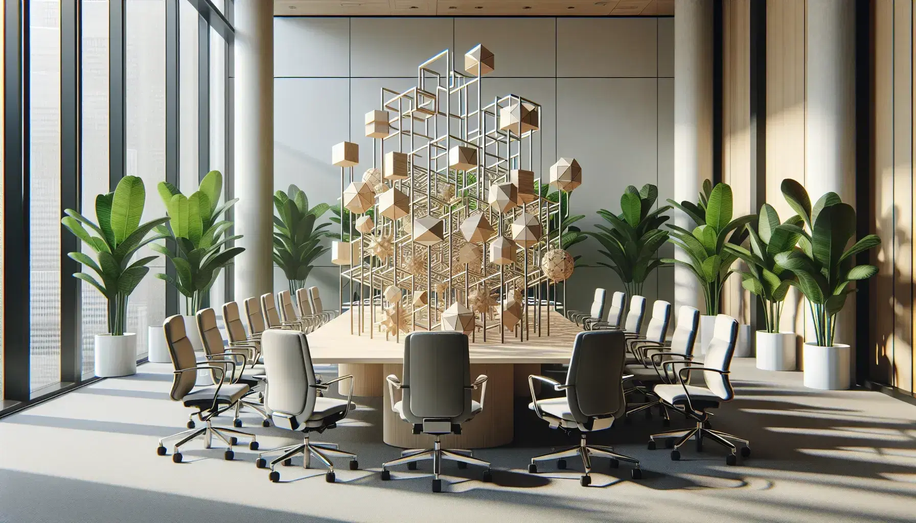 Modern office with a large glass conference table surrounded by ergonomic chairs and a 3D network of wooden blocks illuminated by natural light.