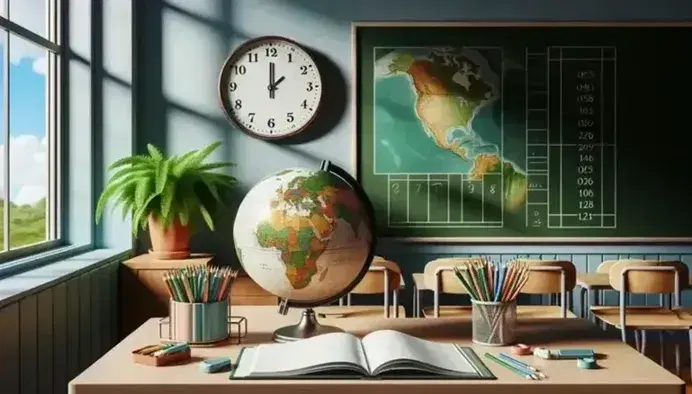 Aula luminosa con tavolo in legno, globo, orologio, matite colorate, quaderno aperto, pianta in vaso e lavagna verde.