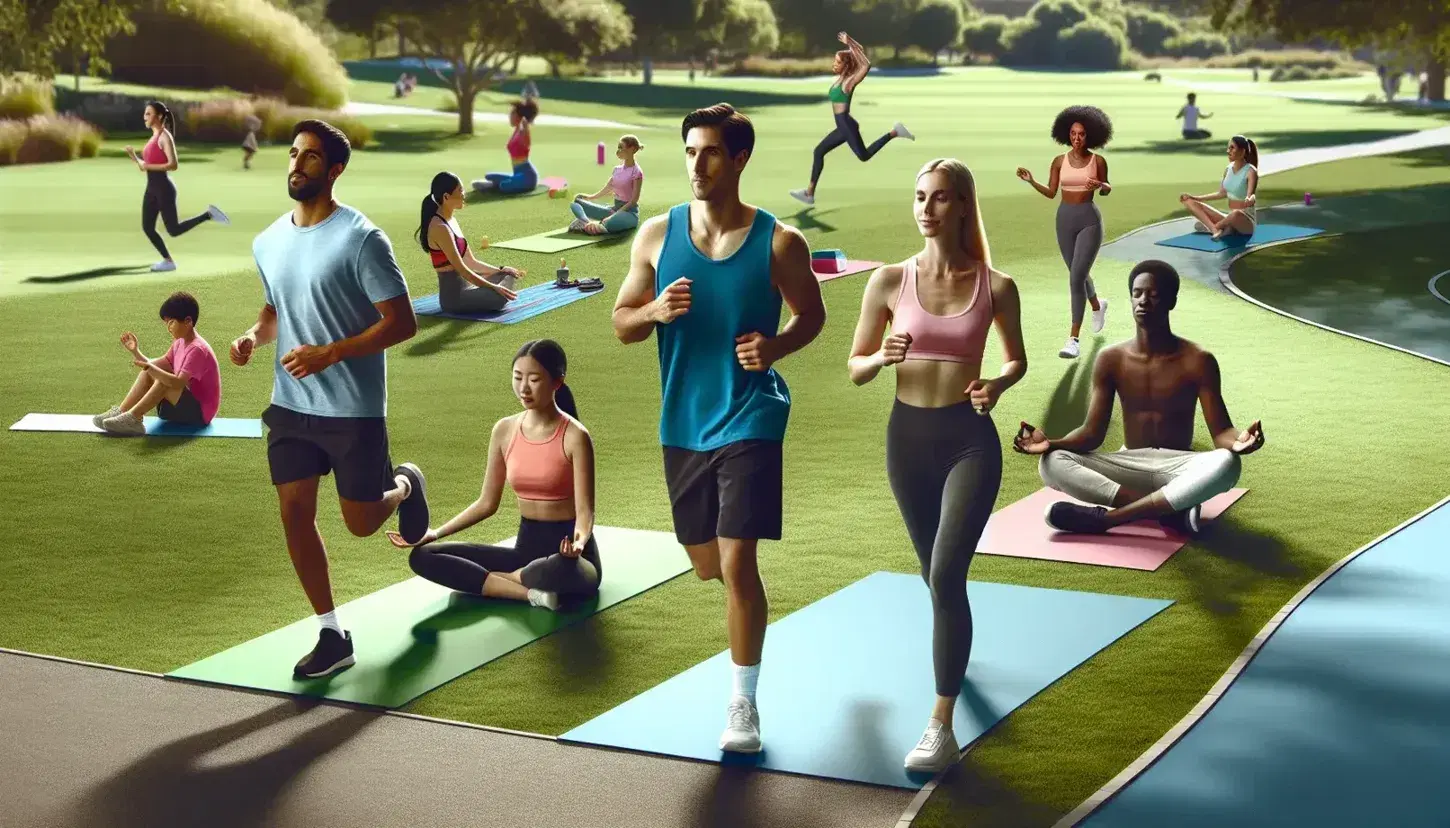 Grupo diverso realizando actividades al aire libre en un parque, con personas corriendo, meditando en yoga y niños jugando con un frisbee.