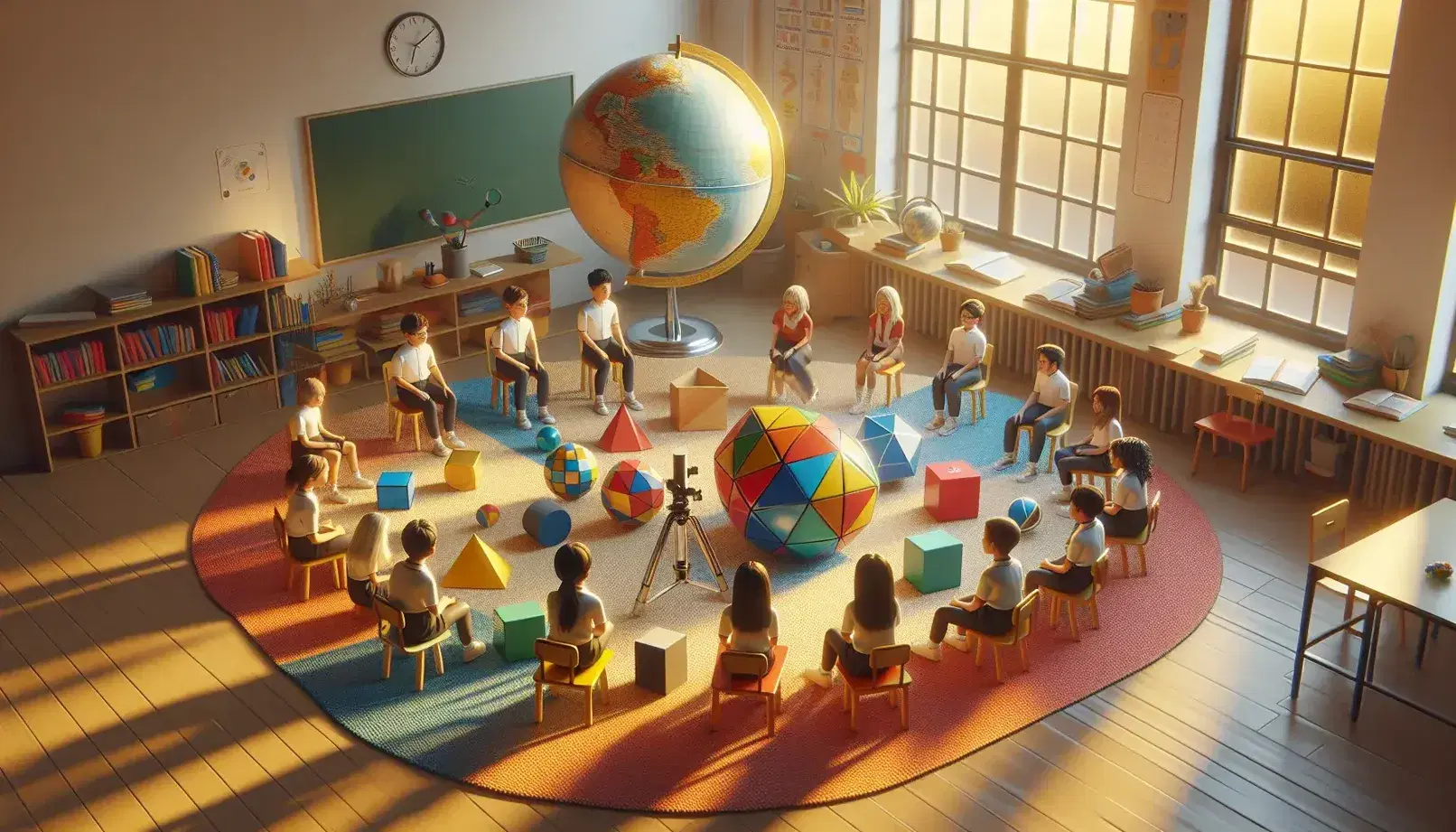 Studenti impegnati in attività didattiche con oggetti educativi come un globo, solidi geometrici e un microscopio in una classe luminosa.