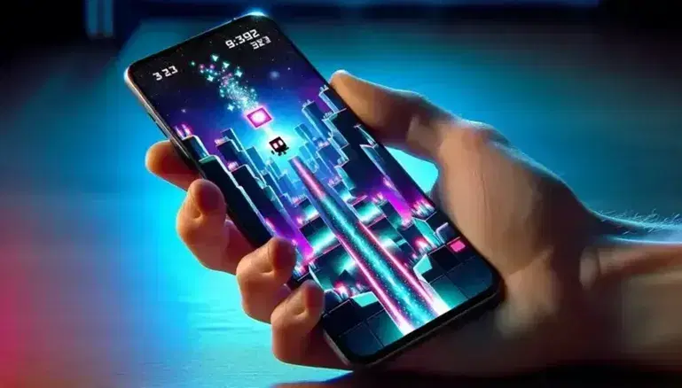 Hand holding a smartphone horizontally with sliding skill game, cubic character jumps obstacles on blue-purple background.