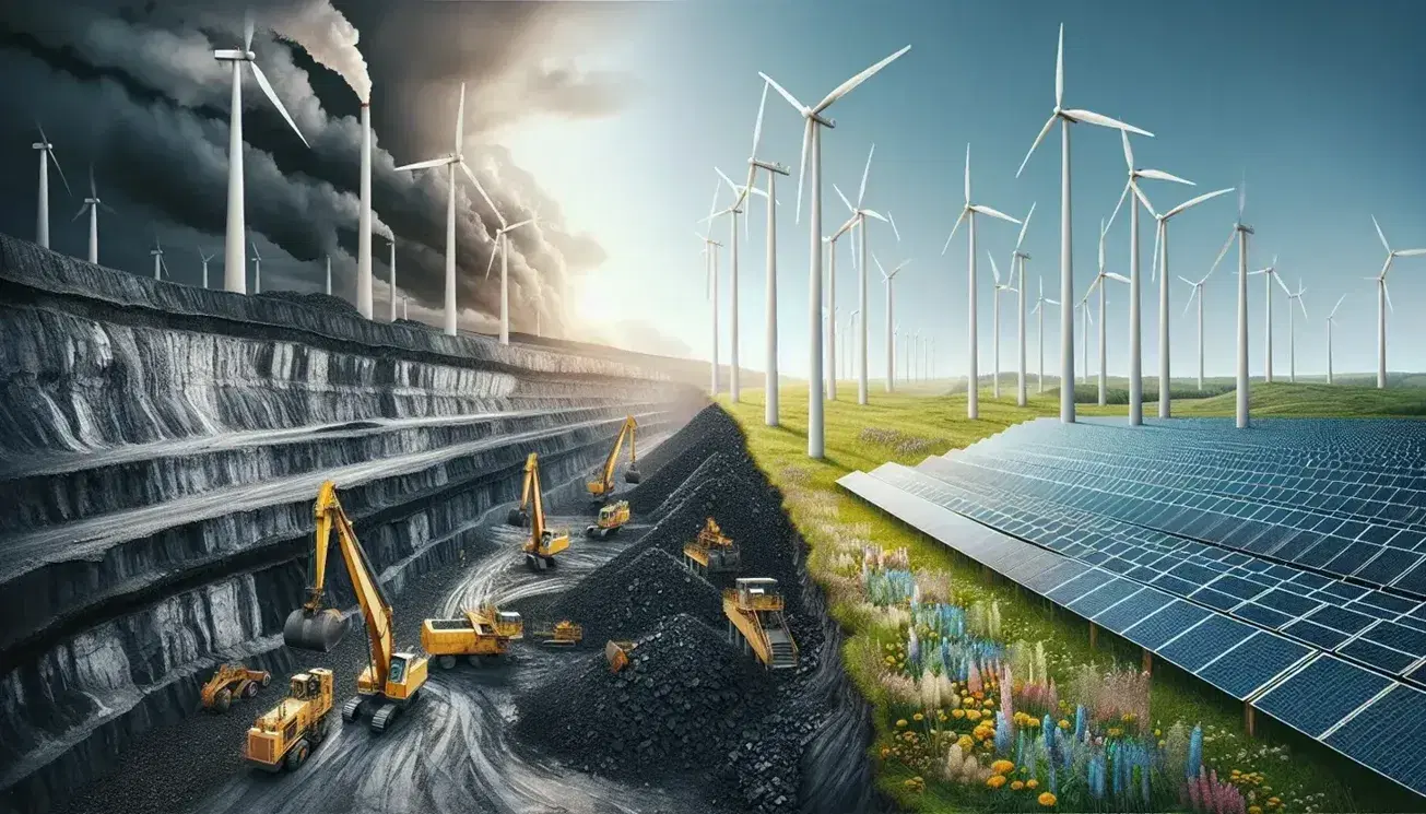Centrale a carbone con escavatori e inquinamento atmosferico a sinistra, campo di turbine eoliche e pannelli solari su prato fiorito a destra.