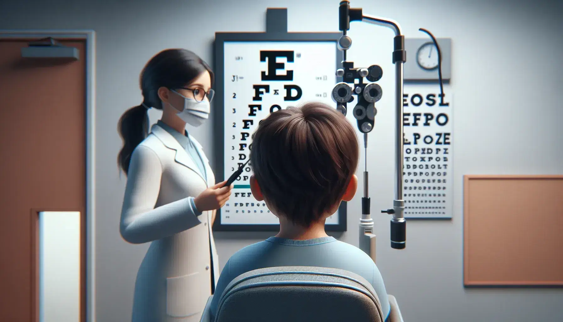 Niño sentado en silla de examen optométrico con camiseta azul claro frente a un borroso gráfico de Snellen, optometrista de pie al lado con dispositivo de mano.