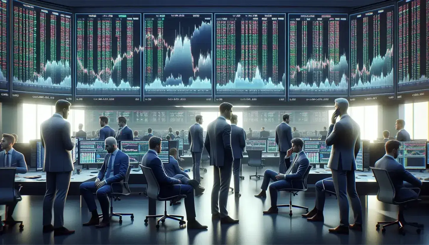 Traders in business attire focus on computer monitors with colorful graphs on a busy stock exchange floor, reflecting dynamic market activity.