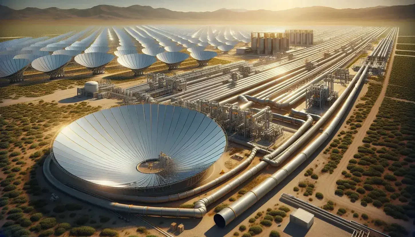 Solar thermal power plant with reflective parabolic mirrors, dark central tubes and processing facilities in an arid landscape under a blue sky.