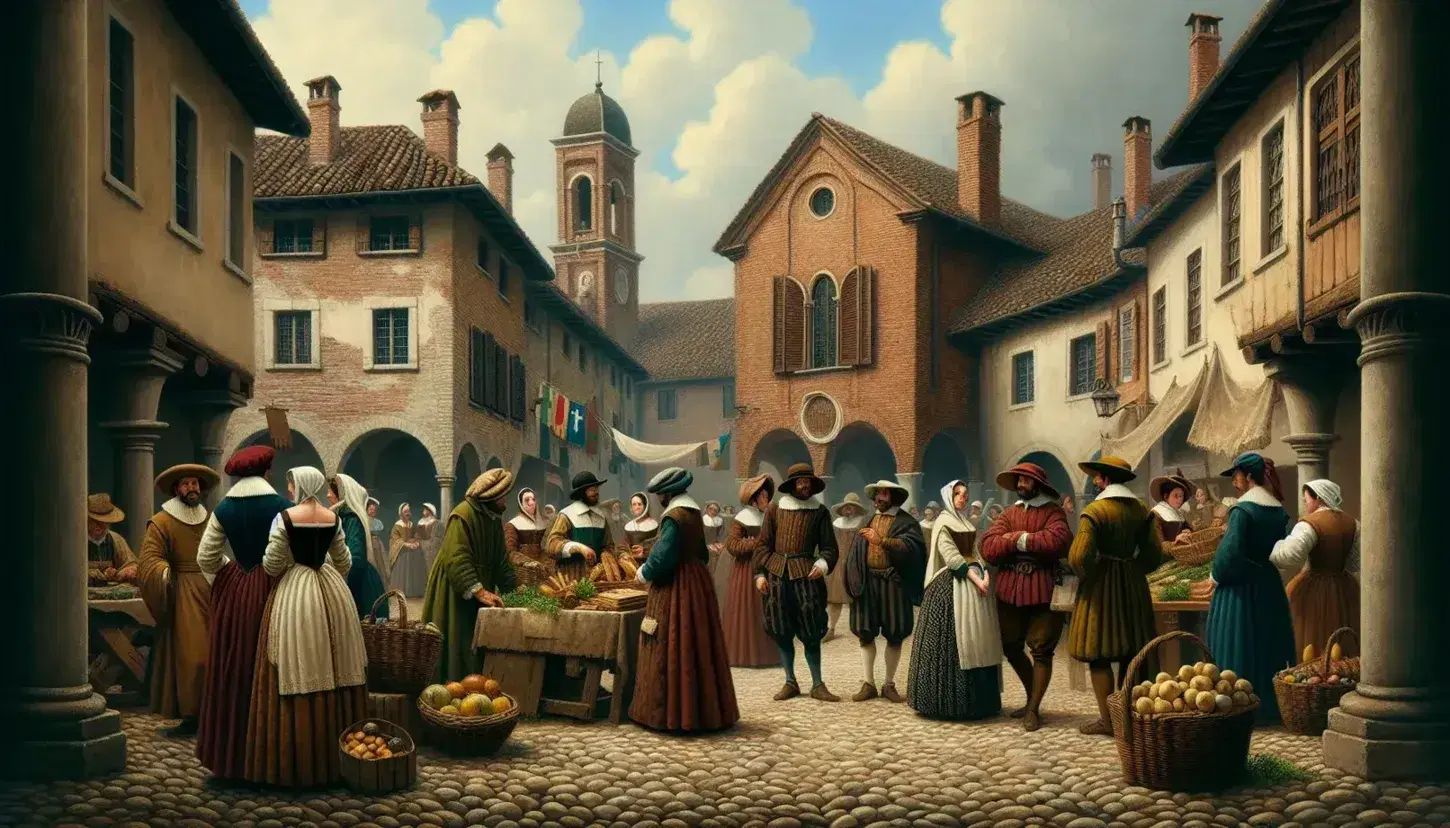 Scena quotidiana del XVII secolo in un villaggio lombardo con abitanti in abiti d'epoca e mercante vicino a casa in mattoni.