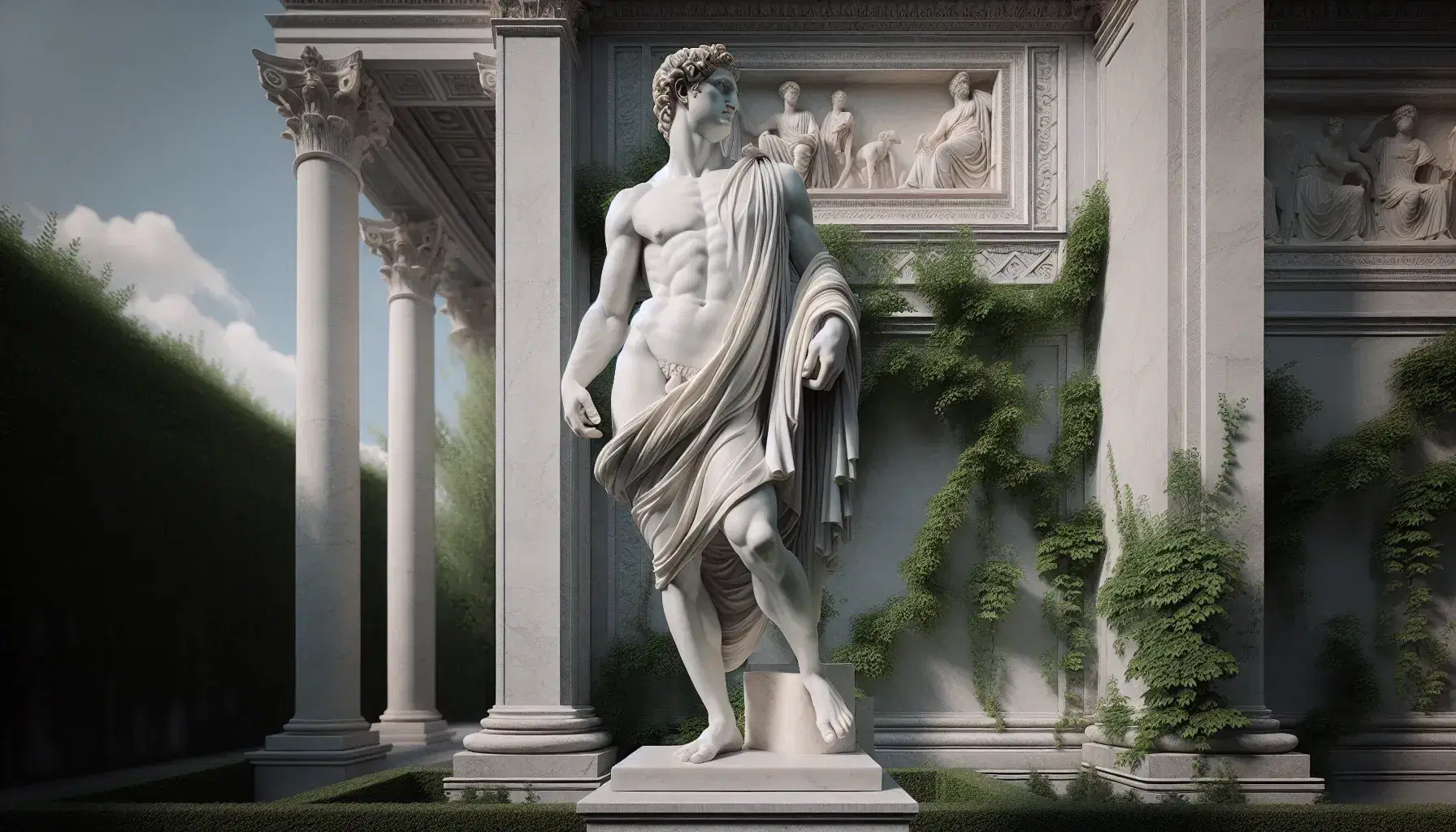 Escultura de mármol blanco de hombre en toga romana con brazo izquierdo elevado, frente a columnas corintias con enredaderas y cielo azul.