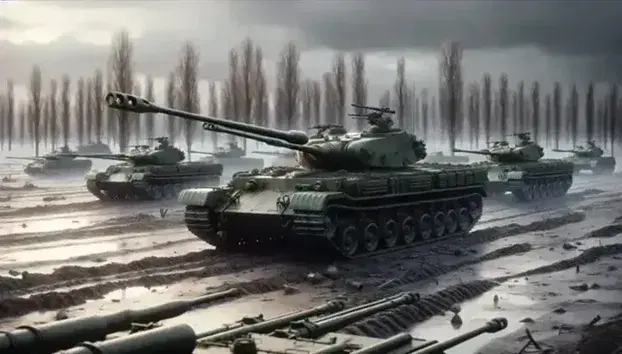 Tanques de combate en formación en un campo de batalla invernal con cielo nublado y huellas de orugas en primer plano.