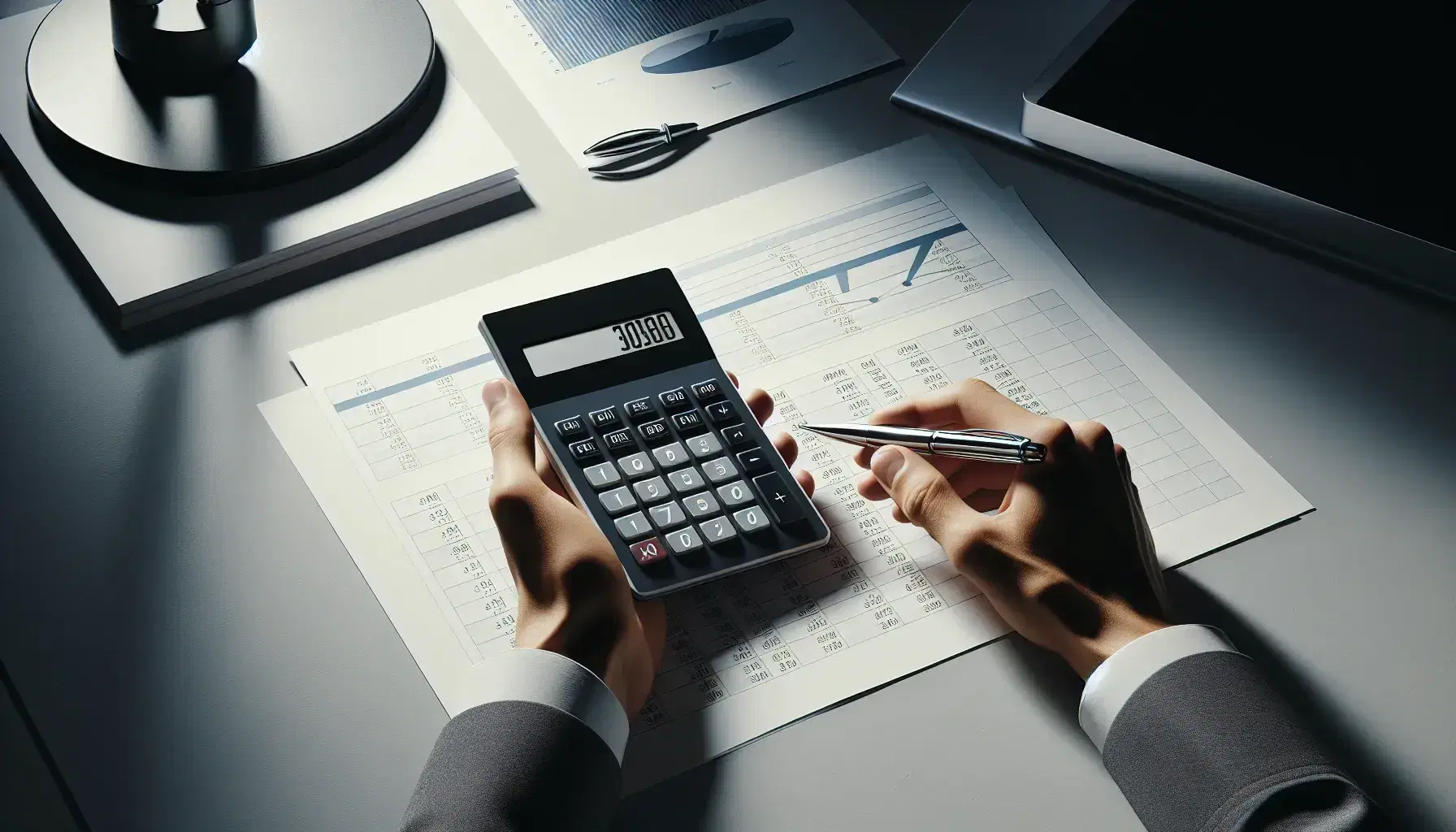 Hands holding a calculator above a desk with white papers featuring blue charts and graphs, a shiny metallic pen, and a black office chair in the background.
