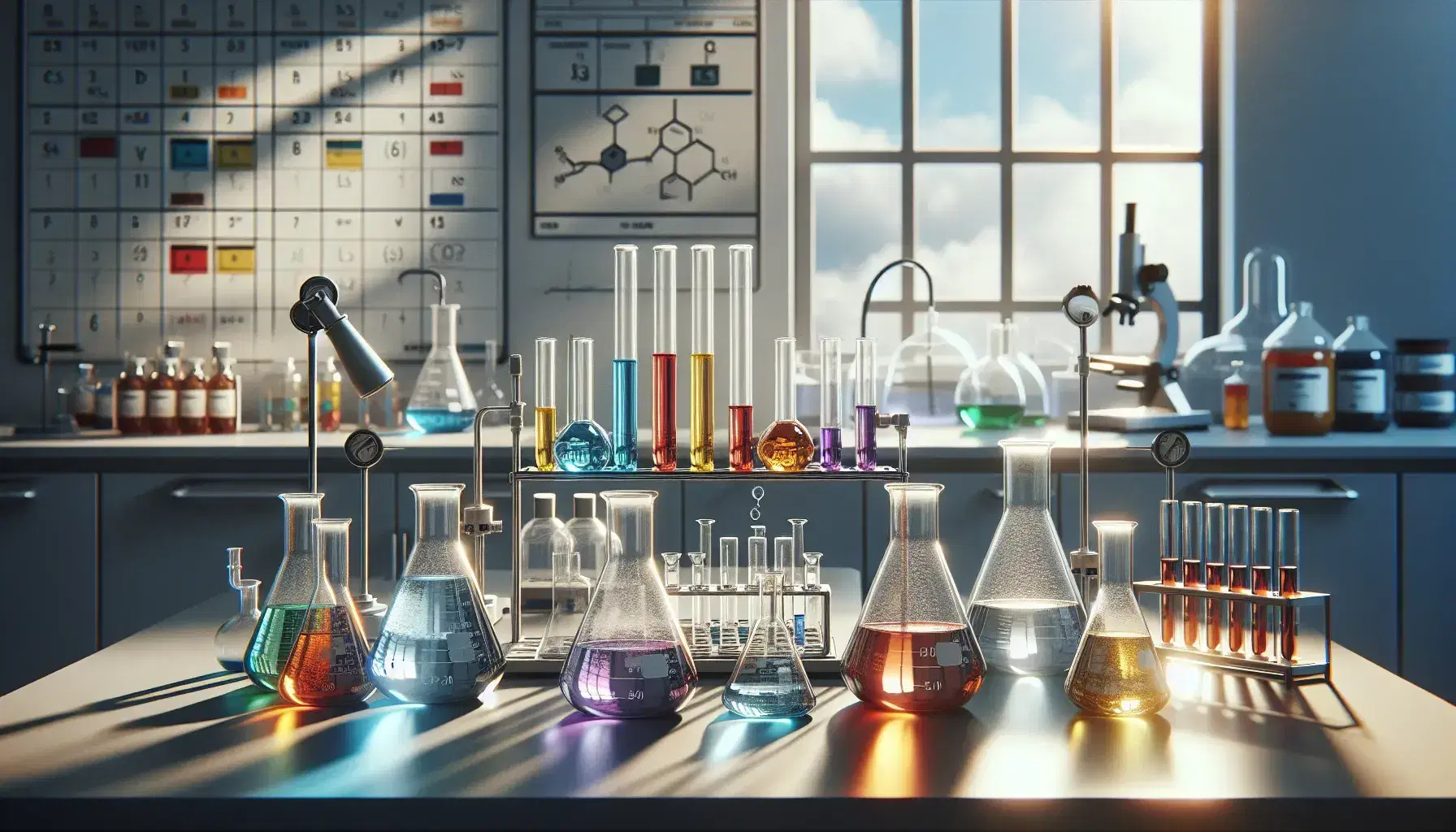 Laboratorio de química iluminado con mesa y Erlenmeyers de colores, tubos de ensayo, mechero Bunsen encendido y estantería con frascos.