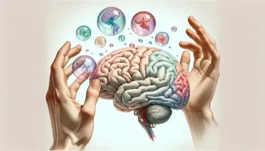 Sezione sagittale dettagliata di un cervello umano con figure traslucide fluttuanti e mano che si estende verso di esse su sfondo neutro.