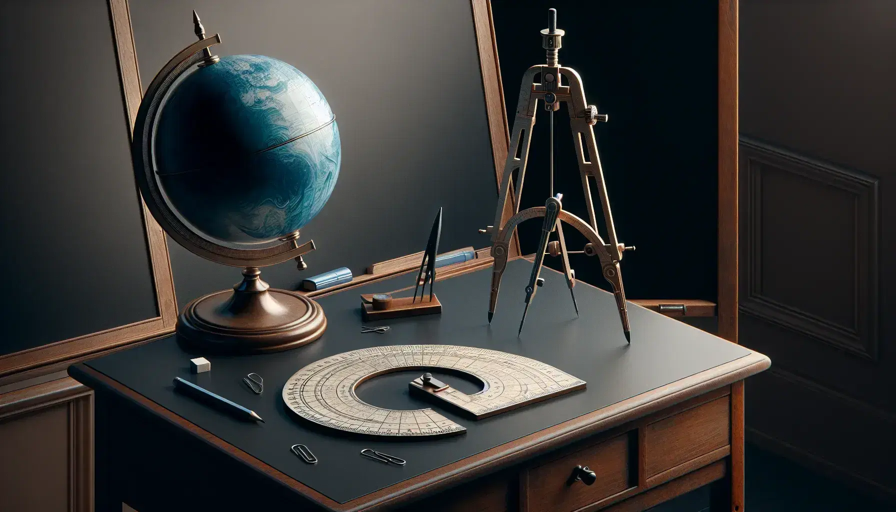 Blackboard on easel behind desk with blue marbled globe, clear protractor, metallic compasses, and potted plant, in a serene study setting.