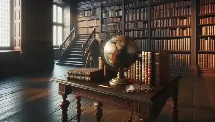 Biblioteca antigua con estanterías de madera oscura llenas de libros, mesa central con globo terráqueo antiguo, lentes dorados y compás metálico, iluminada por luz natural.
