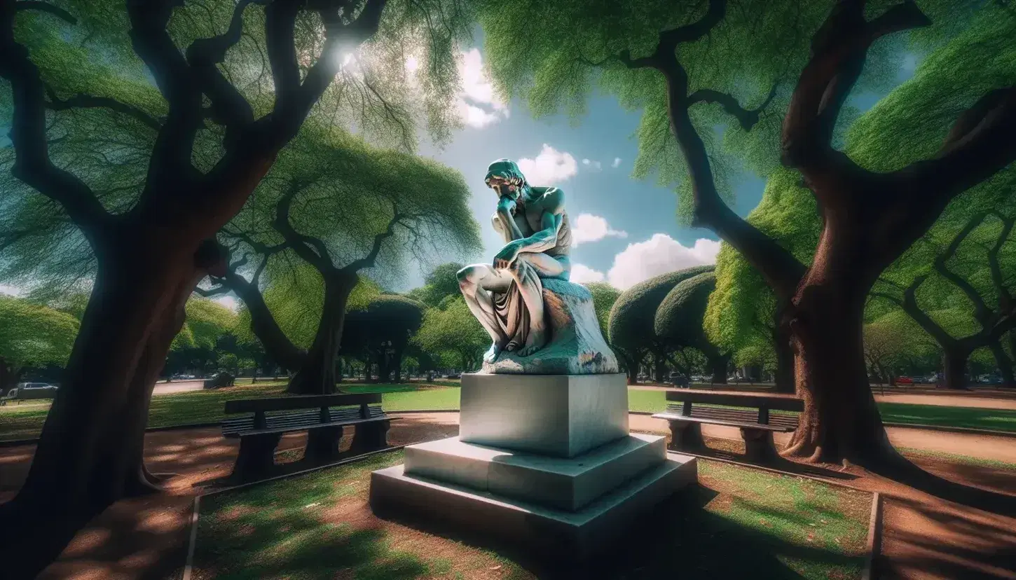 Statua marmorea bianca di filosofo pensieroso con mano al mento in parco verde con panchine e cielo azzurro.