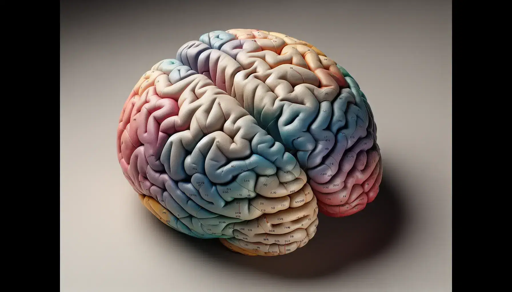 Modelo tridimensional del cerebro humano visto desde arriba, mostrando hemisferios cerebrales con textura arrugada y áreas funcionales en tonos suaves.